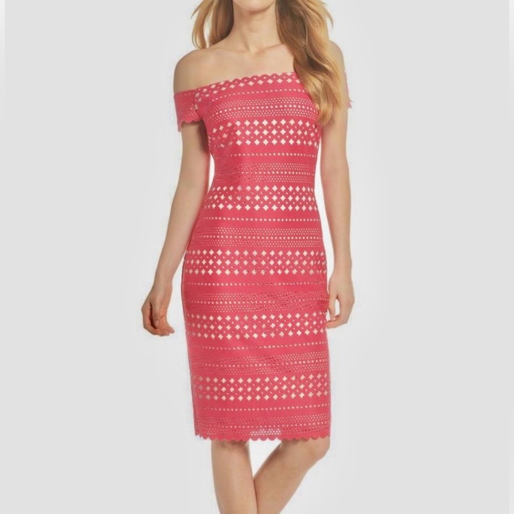 Eliza J Pink Lined Off-Shoulder Mini Dress With Scalloped Edges, Size 4, NWOT